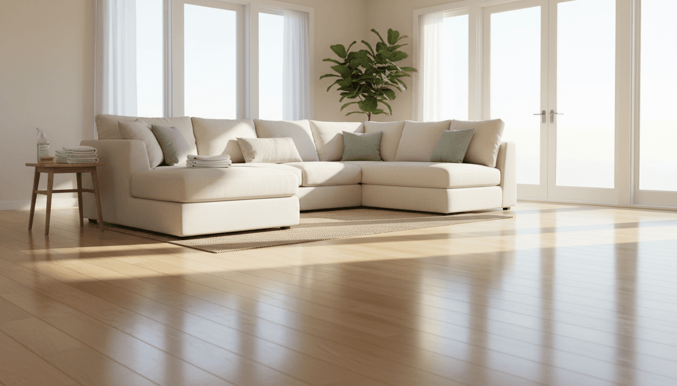 Bright, clean residential living room with sunlight streaming through windows and spotless hardwood floors