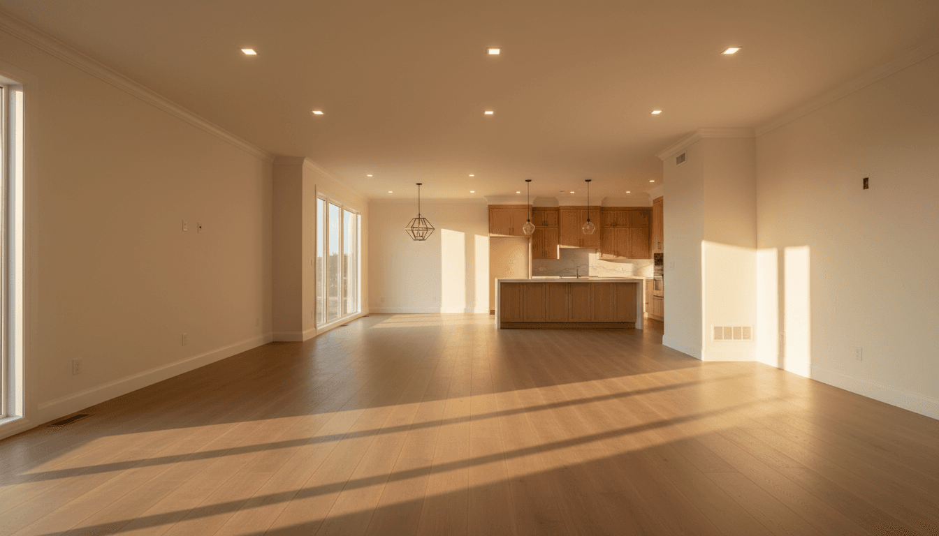 Bright, newly completed residential interior with open-concept living space and finished architectural details