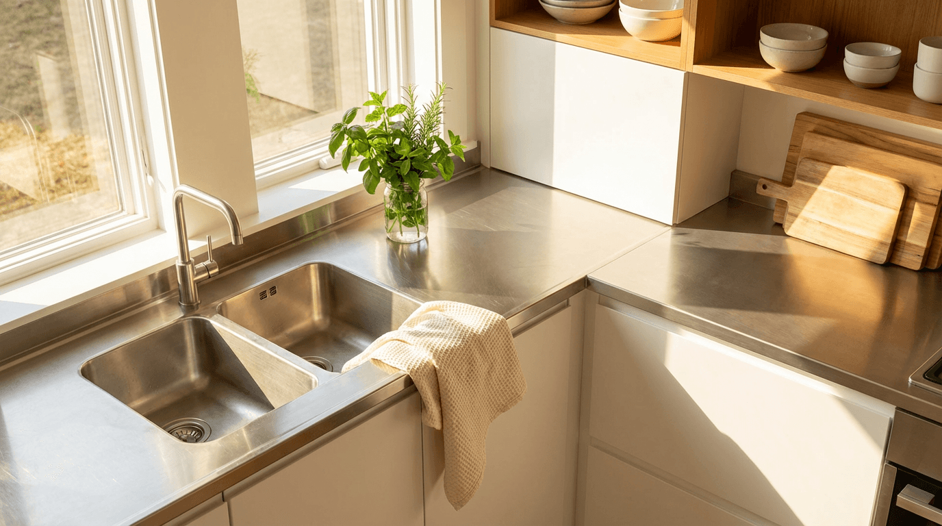 Modern kitchen and living area after professional residential cleaning