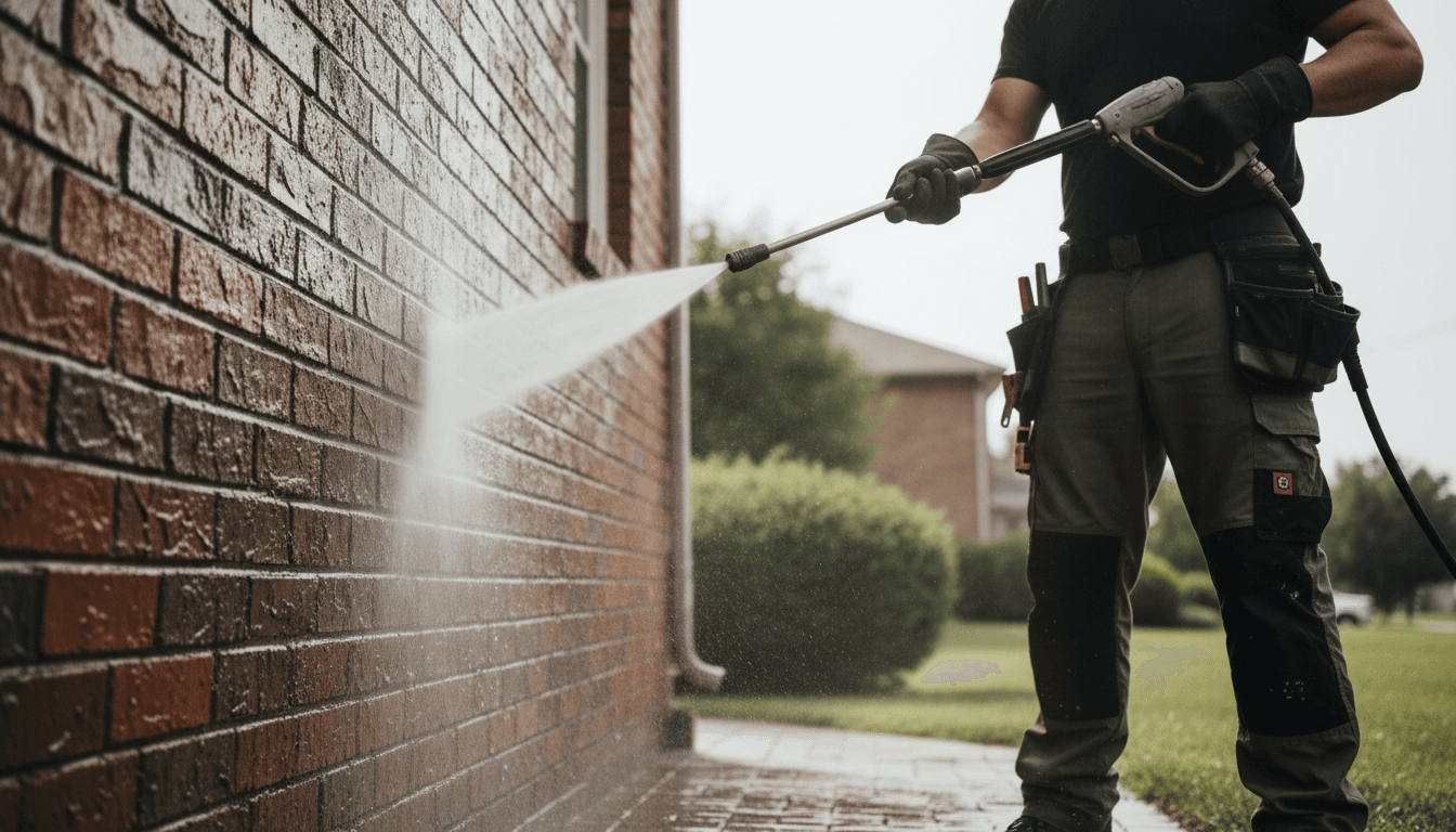 Exterior pressure washing cleaning residential home brick facade
