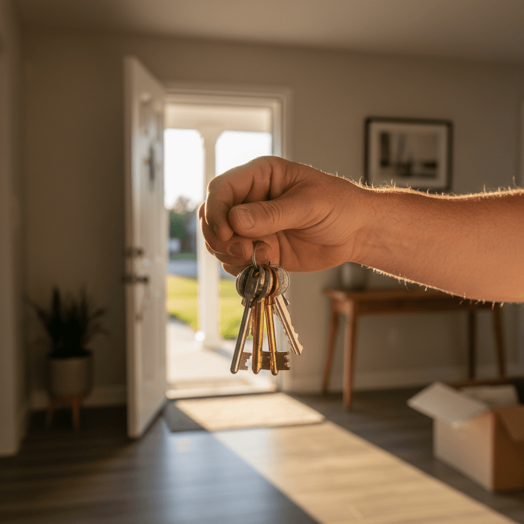 Close-up of homeowner's hands holding house keys in home entryway with warm natural light from open door