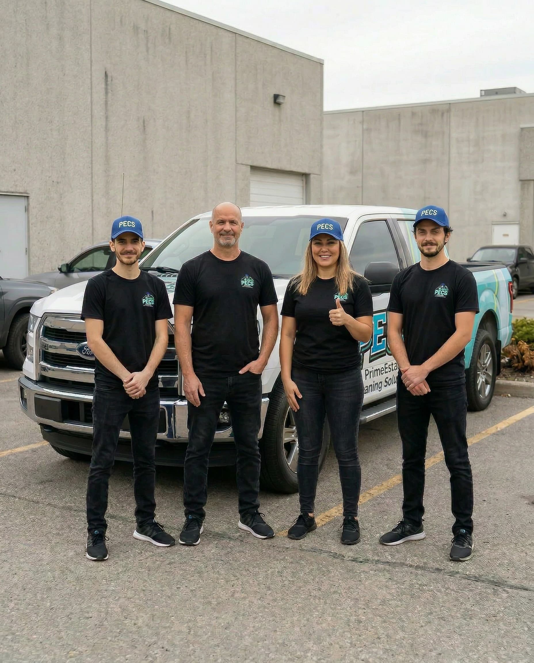 Four cleaning professionals in PECS uniforms posing in front of their branded company truck.