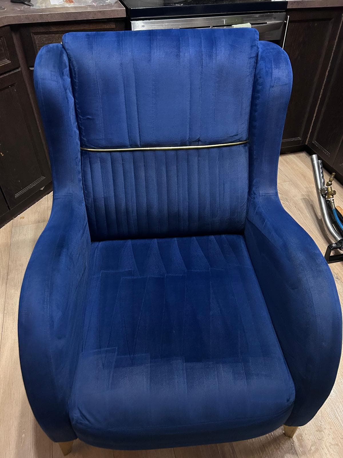 Royal blue velvet armchair with vertical channel stitching and a gold horizontal accent line.